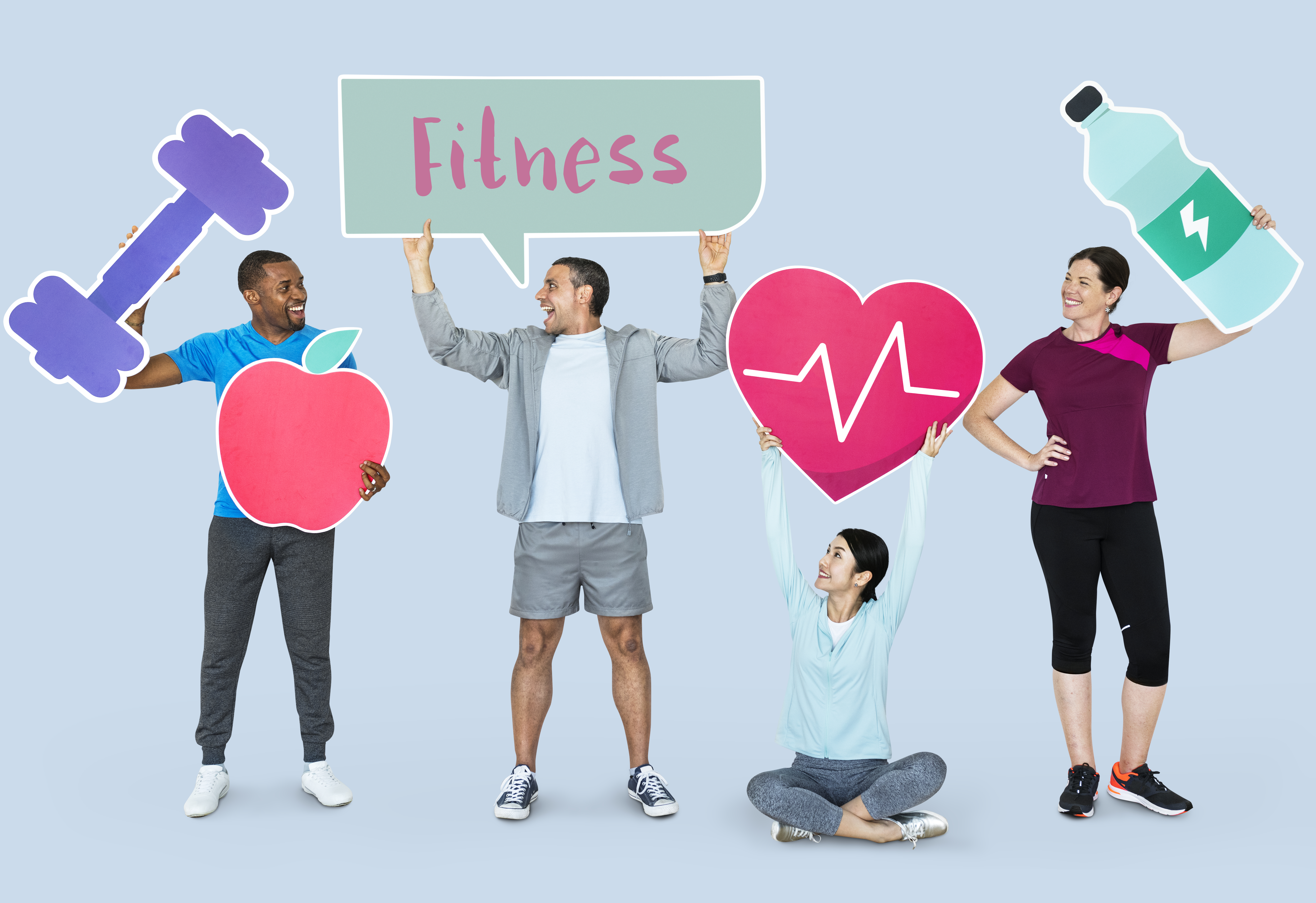 Group of diverse people holding health and fitness icons - Wellness Classes